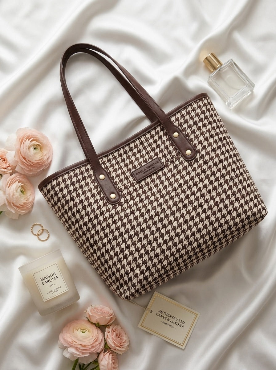 Classic Houndstooth Canvas Tote Bag Brown