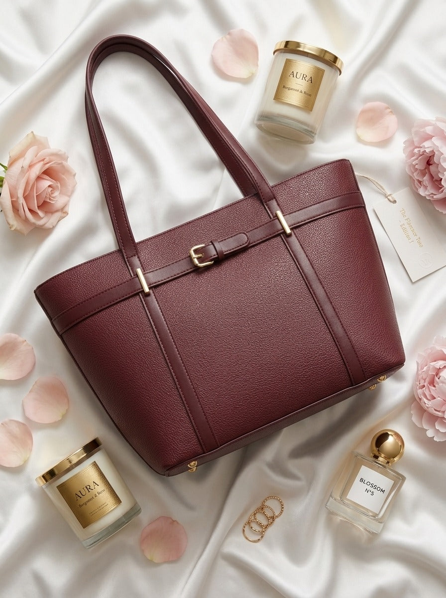 Elegant Buckle Tote Bag Maroon