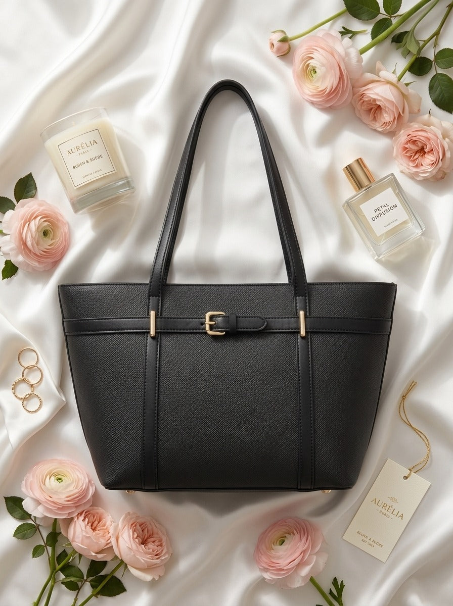 Elegant Buckle Tote Bag Black
