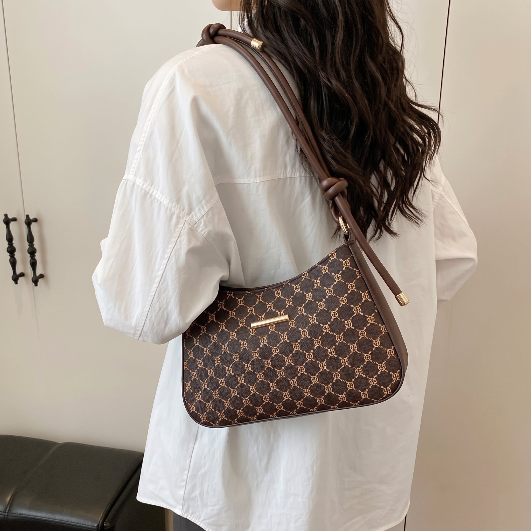 BM15 brown PU leather shoulder bag with textured finish