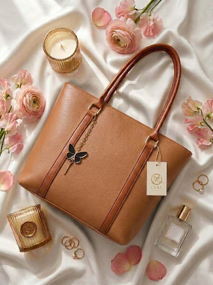 Camel butterfly tote bag with gold-tone detailing