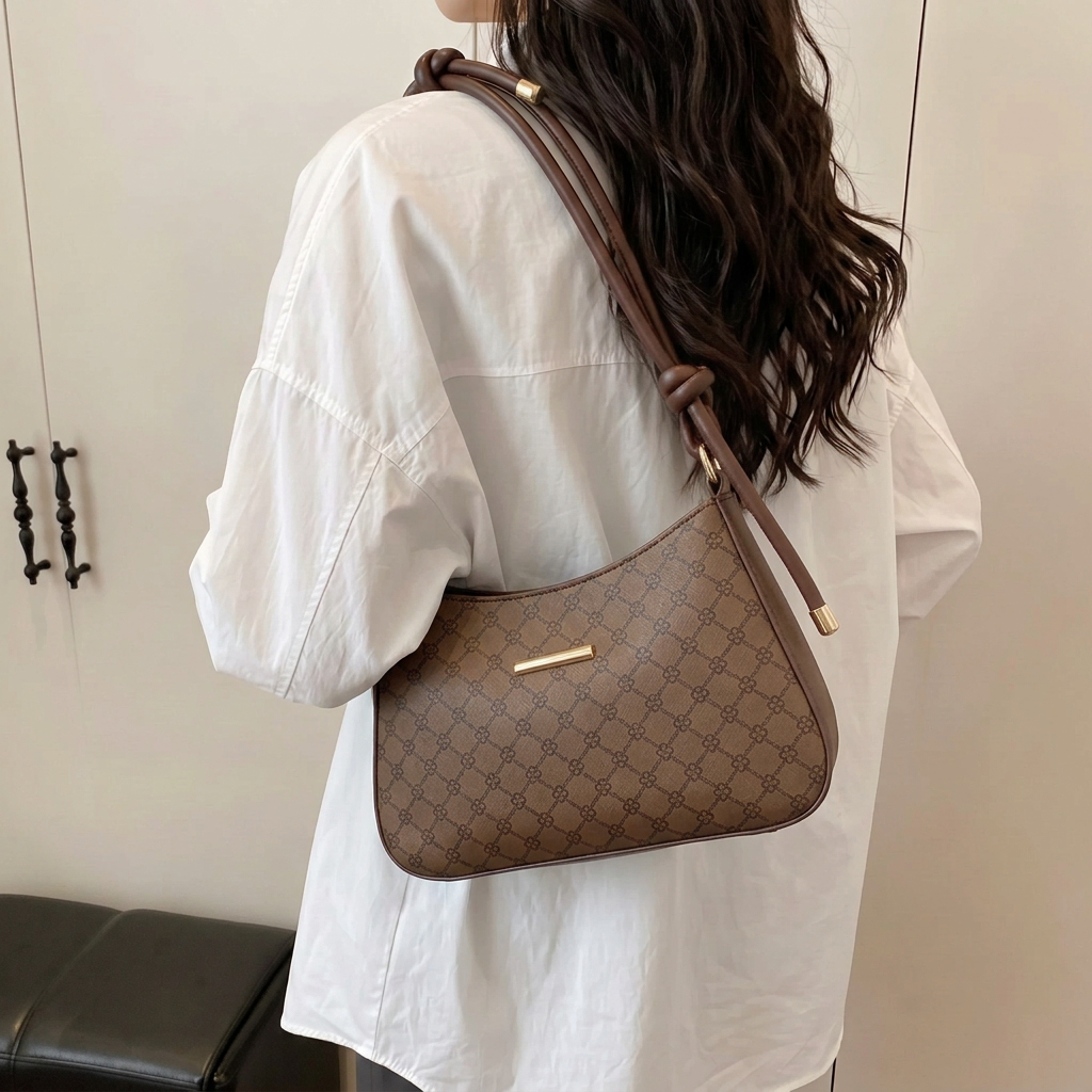 Model wearing BM15 brown shoulder bag with patterned rexine and gold hardware