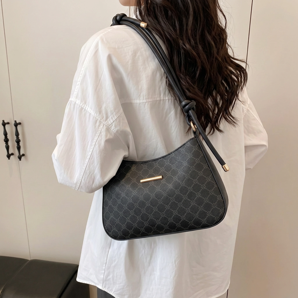 Model wearing BM15 black shoulder bag with charcoal rexine pattern and gold hardware